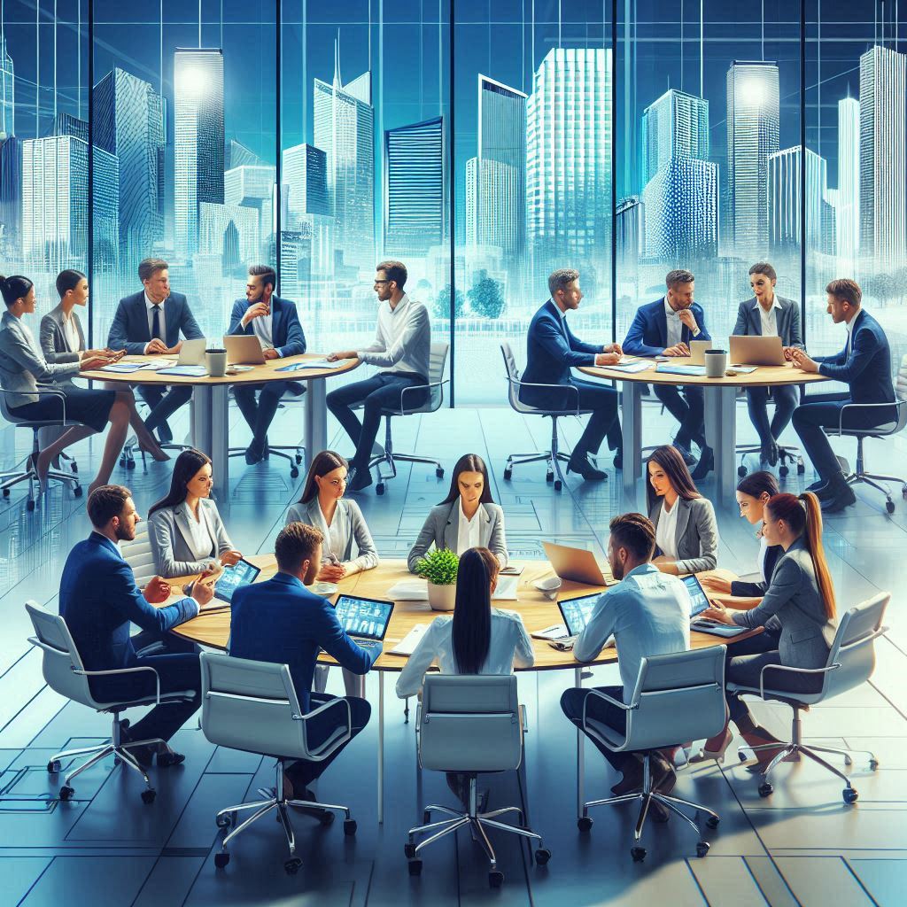 4-5 groups of 6-8 people, in business attire, gather for round table discussions with city background