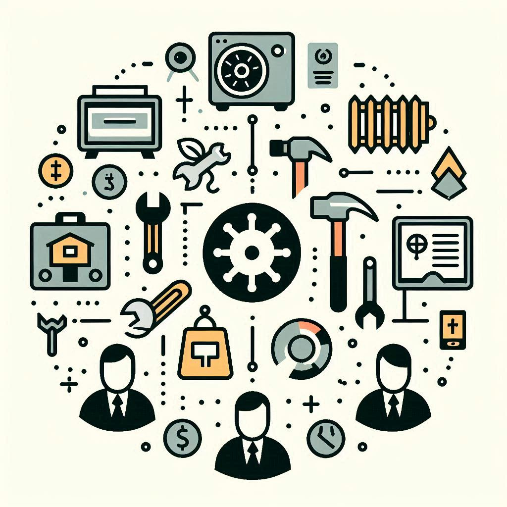 icons of wrench, screwdriver, hammer, manager, a_c unit, heater, tenant, landlord, lender, insurance agent, attorney connected in a circle without text or numbers